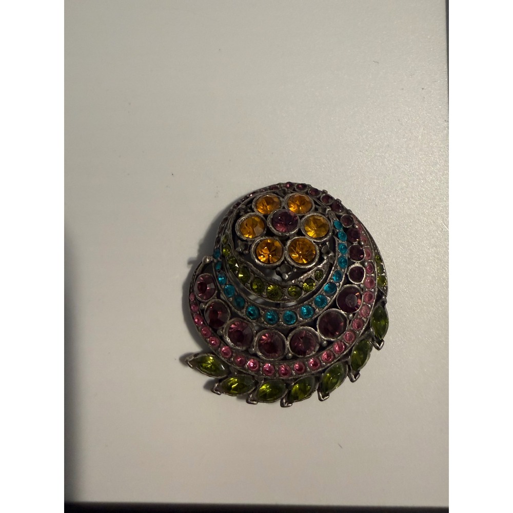 Vintage Vendome Multi-Color Rhinestone Swirl Brooch Silver Tone Floral Pin‎